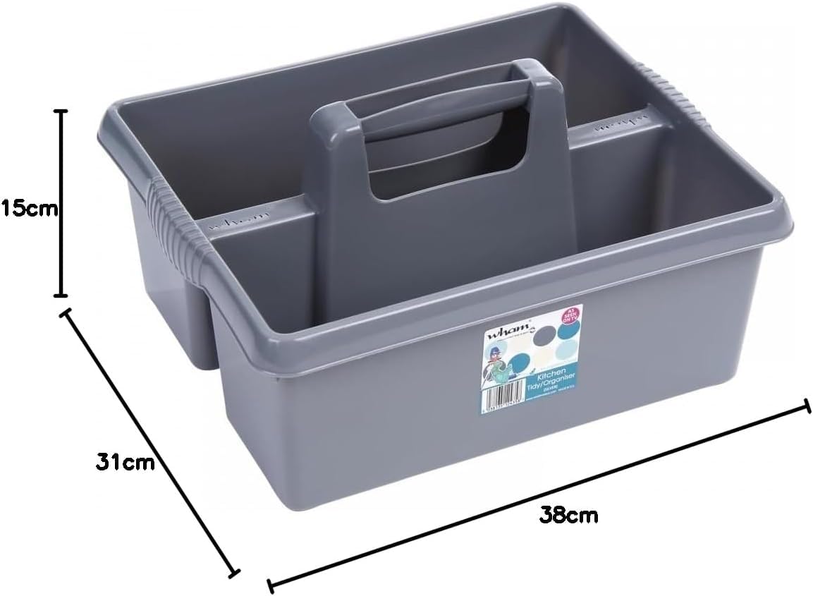 Wham Large Plastic Kitchen Cleaning Carry Tray Caddy Tidy Tote Organiser with Handle - Silver, 5 liters