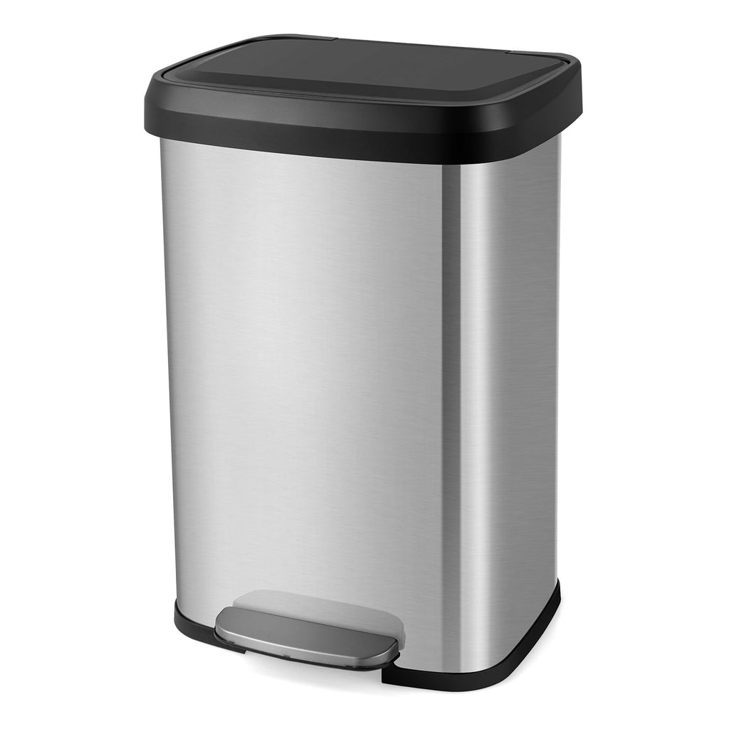 COSTWAY 50L/68L Kitchen Bin, Soft Closure Stainless Steel Recycling Pedal Bin with Deodorizer Box, Handle and Non-slip Base, Fingerprint-Proof Rubbish Trash Can Dustbin (50L,Silver)