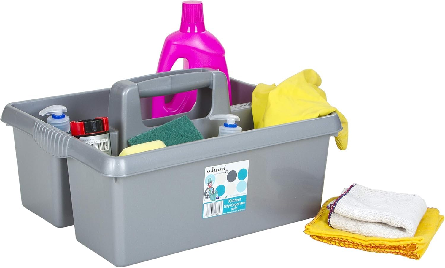 Wham Large Plastic Kitchen Cleaning Carry Tray Caddy Tidy Tote Organiser with Handle - Silver, 5 liters