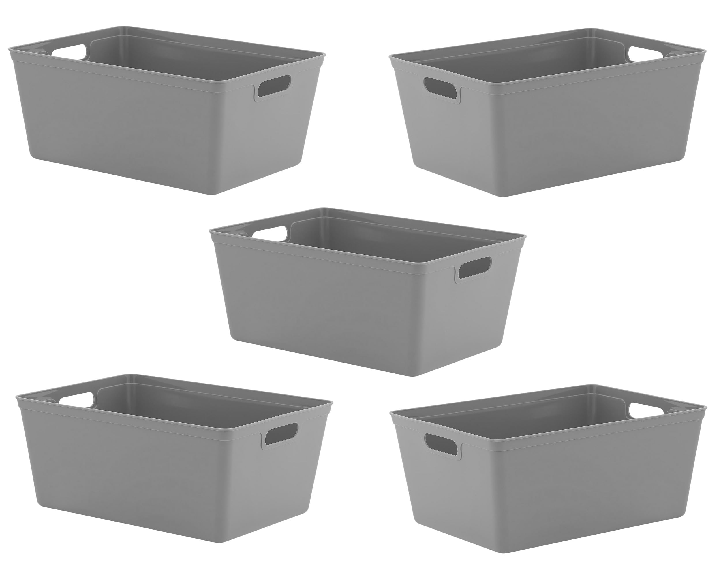 5 Pack Plastic Studio Storage Baskets with Sturdy Handles, Lightweight & Durable Design, Ideal for Kitchen, Bathroom, and Cleaning Organisation Handy Basket Tidy (Grey, 25 x 35 x 15.5 cm)