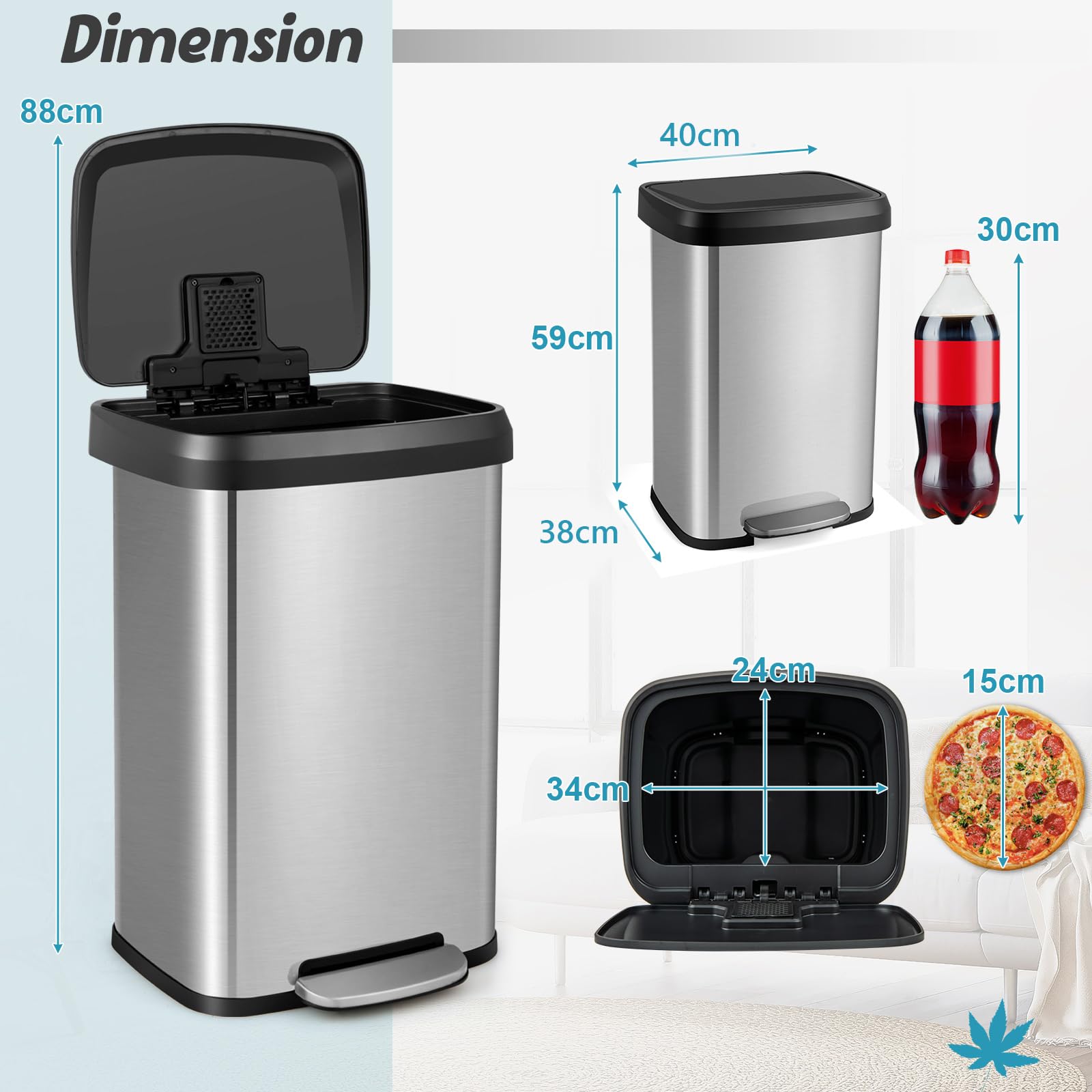 COSTWAY 50L/68L Kitchen Bin, Soft Closure Stainless Steel Recycling Pedal Bin with Deodorizer Box, Handle and Non-slip Base, Fingerprint-Proof Rubbish Trash Can Dustbin (50L,Silver)