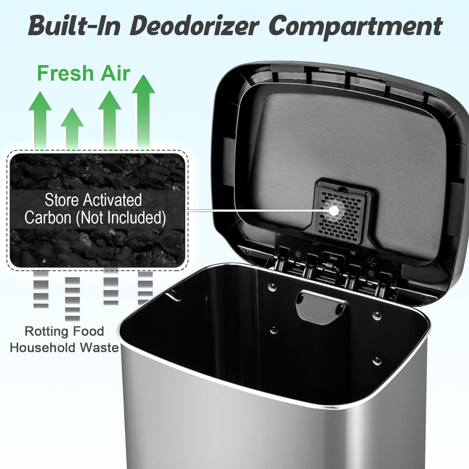 COSTWAY 50L/68L Kitchen Bin, Soft Closure Stainless Steel Recycling Pedal Bin with Deodorizer Box, Handle and Non-slip Base, Fingerprint-Proof Rubbish Trash Can Dustbin (50L,Silver)