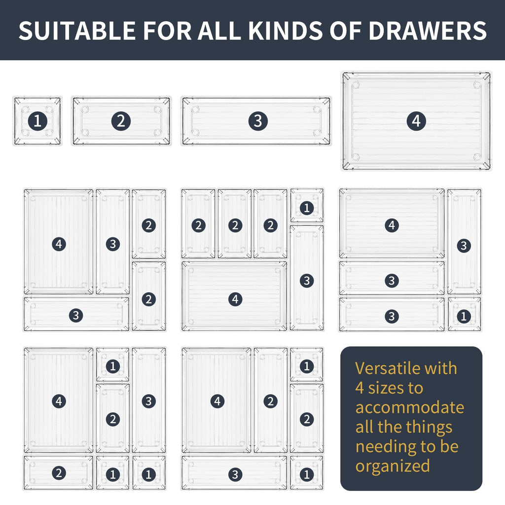 KITCHEN MONSTER 25 Pack Clear Drawer Organiser Set, 4 Size PET Storage Trays with Anti Slip Design, Stackable Drawer Dividers for Makeup, Bathroom, Kitchen and Office