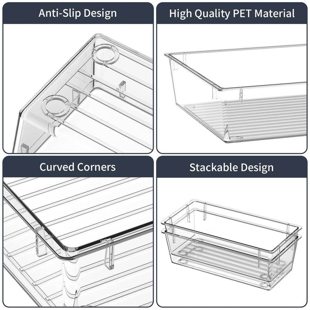 KITCHEN MONSTER 25 Pack Clear Drawer Organiser Set, 4 Size PET Storage Trays with Anti Slip Design, Stackable Drawer Dividers for Makeup, Bathroom, Kitchen and Office