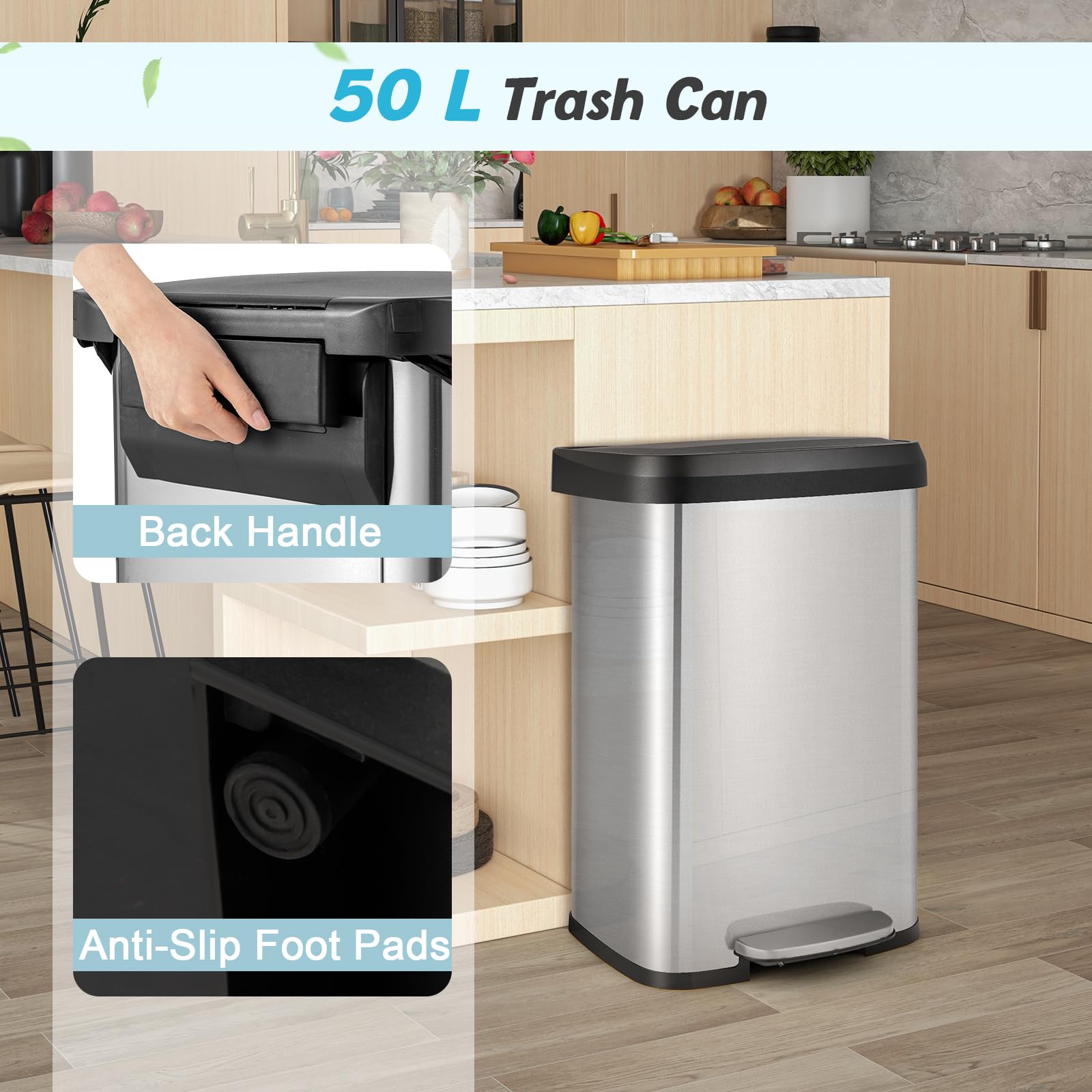 COSTWAY 50L/68L Kitchen Bin, Soft Closure Stainless Steel Recycling Pedal Bin with Deodorizer Box, Handle and Non-slip Base, Fingerprint-Proof Rubbish Trash Can Dustbin (50L,Silver)