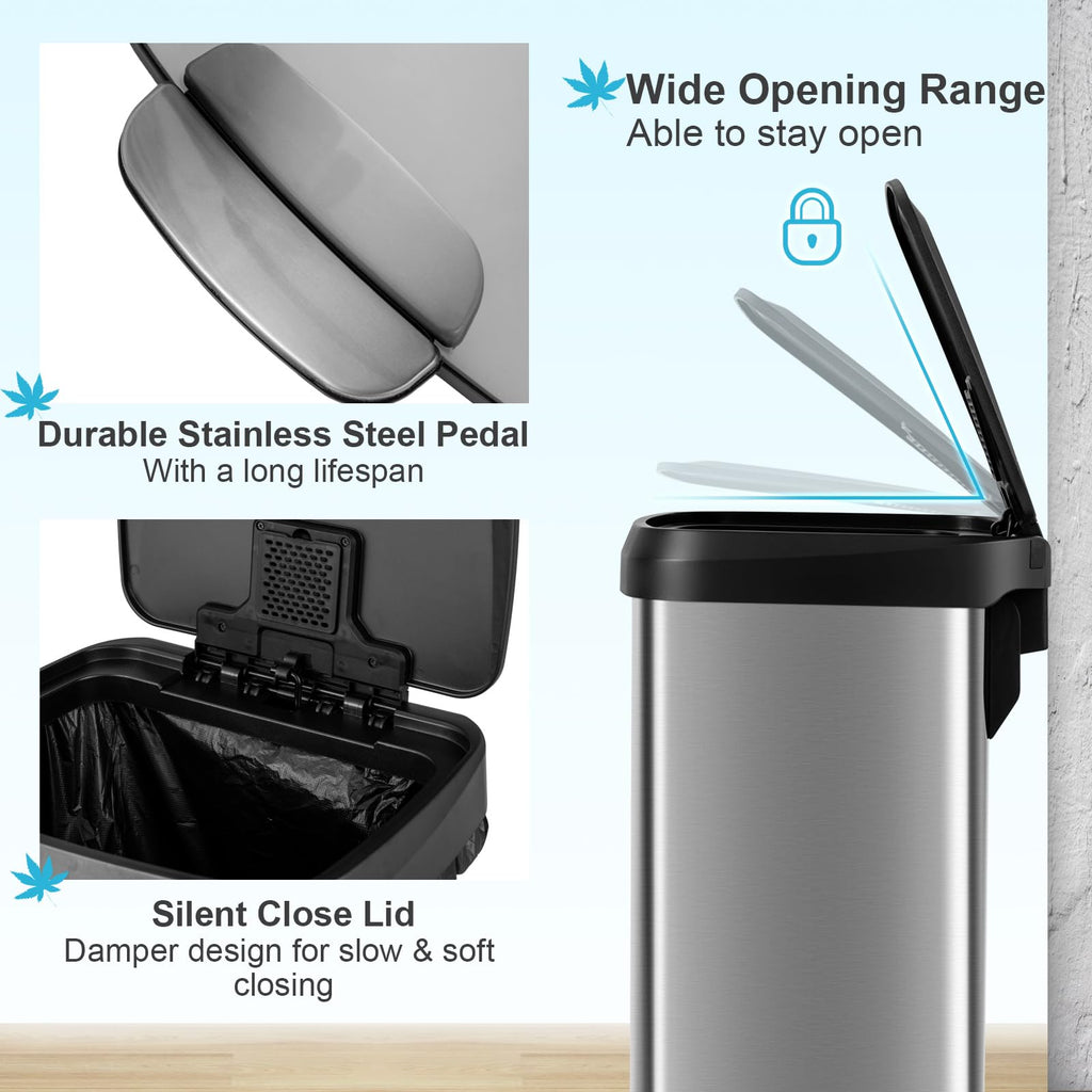 COSTWAY 50L/68L Kitchen Bin, Soft Closure Stainless Steel Recycling Pedal Bin with Deodorizer Box, Handle and Non-slip Base, Fingerprint-Proof Rubbish Trash Can Dustbin (50L,Silver)