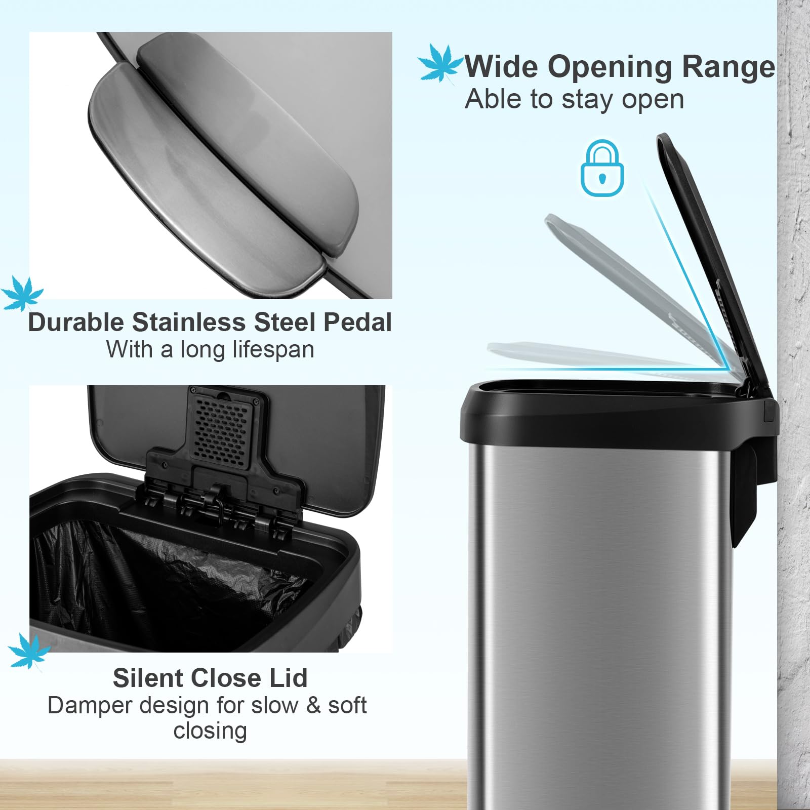 COSTWAY 50L/68L Kitchen Bin, Soft Closure Stainless Steel Recycling Pedal Bin with Deodorizer Box, Handle and Non-slip Base, Fingerprint-Proof Rubbish Trash Can Dustbin (50L,Silver)