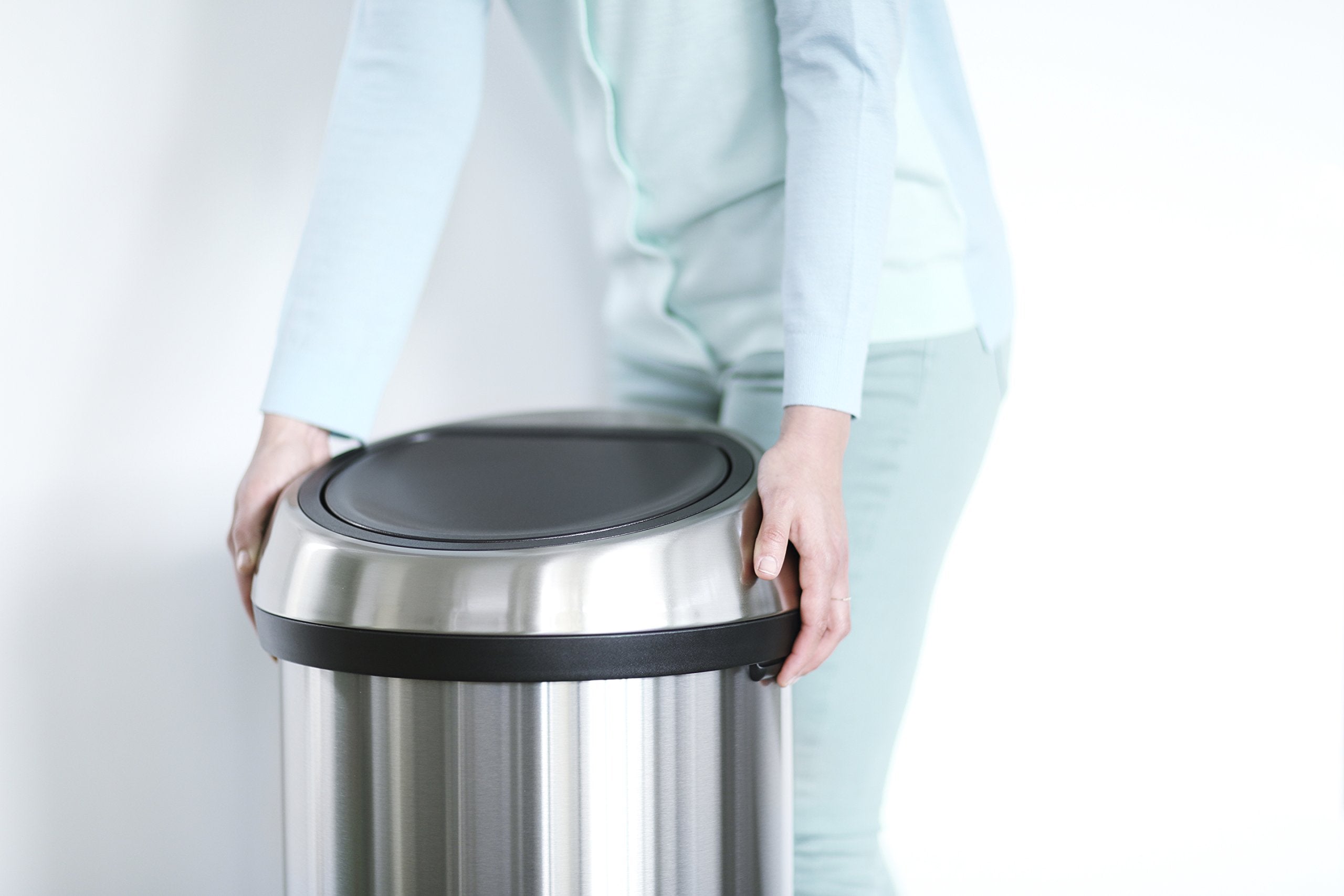 Brabantia 60 Litre Large Kitchen Touch Bin (Brilliant Steel/Matt Black Lid) Removable Lid, Soft-Touch Open, Easy Clean Rubbish Food Waste Bin