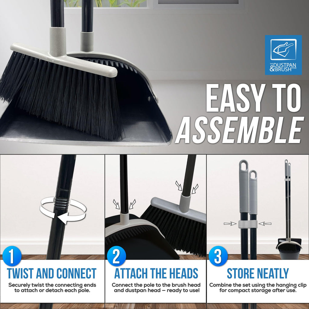 Long Handled Dustpan and Brush Set with Built-In Teeth Comb - Indoor Broom and Dustpan Set for Sweeping Brush Indoor 180° Swivel Dust Pan (Black and Grey)