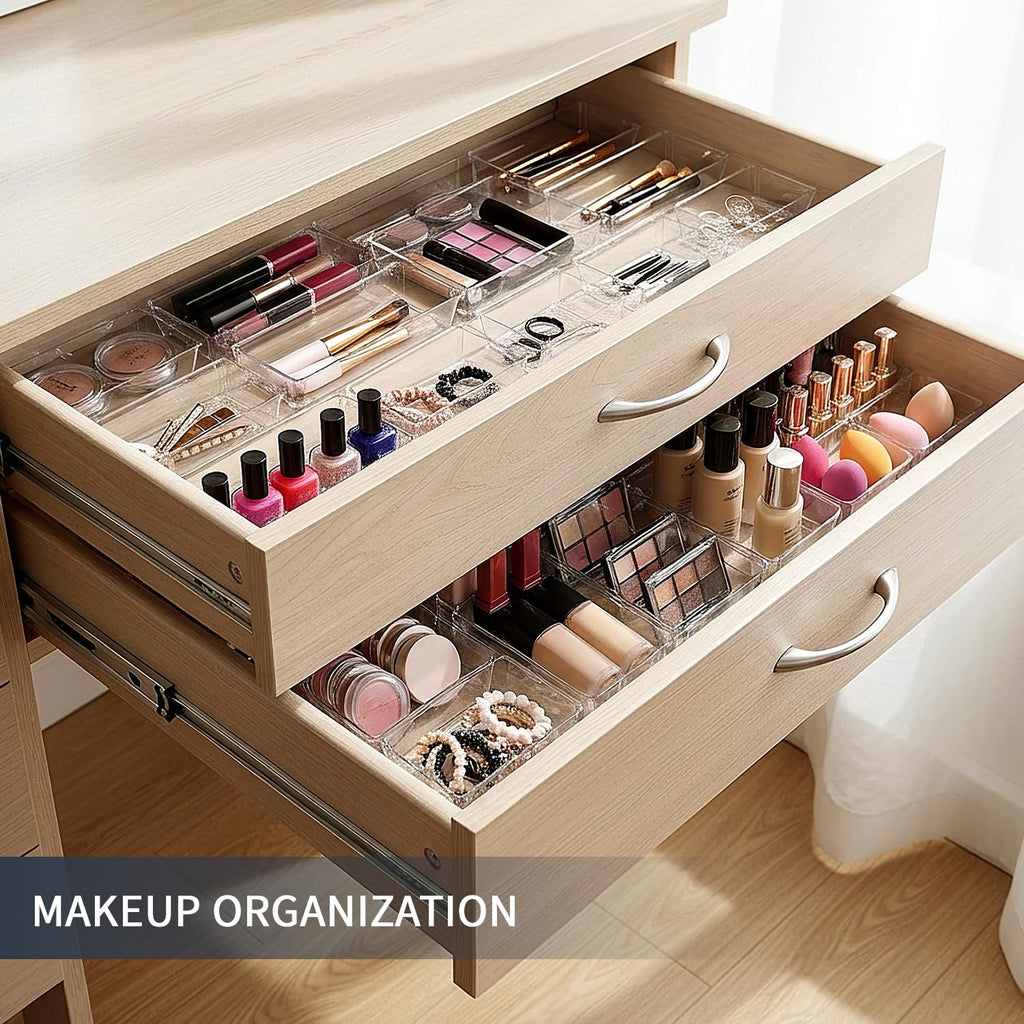 KITCHEN MONSTER 25 Pack Clear Drawer Organiser Set, 4 Size PET Storage Trays with Anti Slip Design, Stackable Drawer Dividers for Makeup, Bathroom, Kitchen and Office