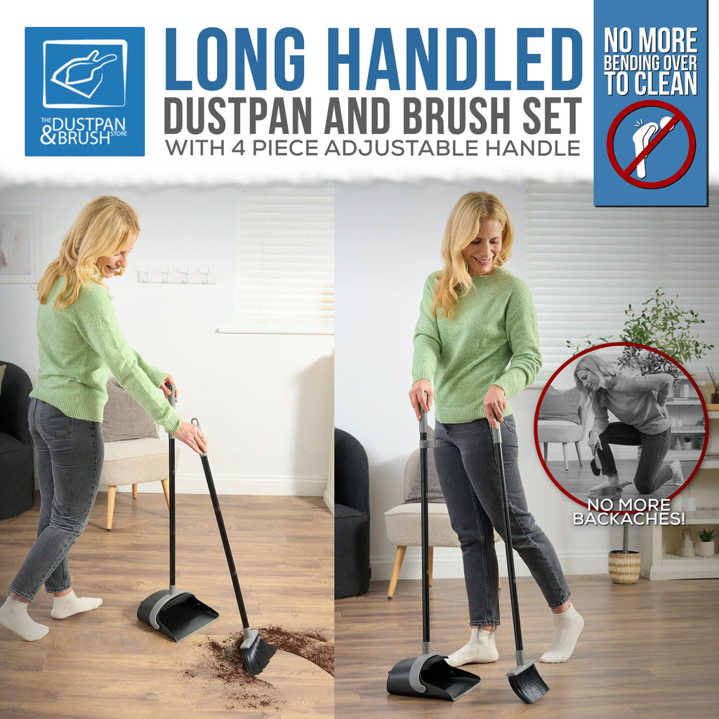 Long Handled Dustpan and Brush Set with Built-In Teeth Comb - Indoor Broom and Dustpan Set for Sweeping Brush Indoor 180° Swivel Dust Pan (Black and Grey)