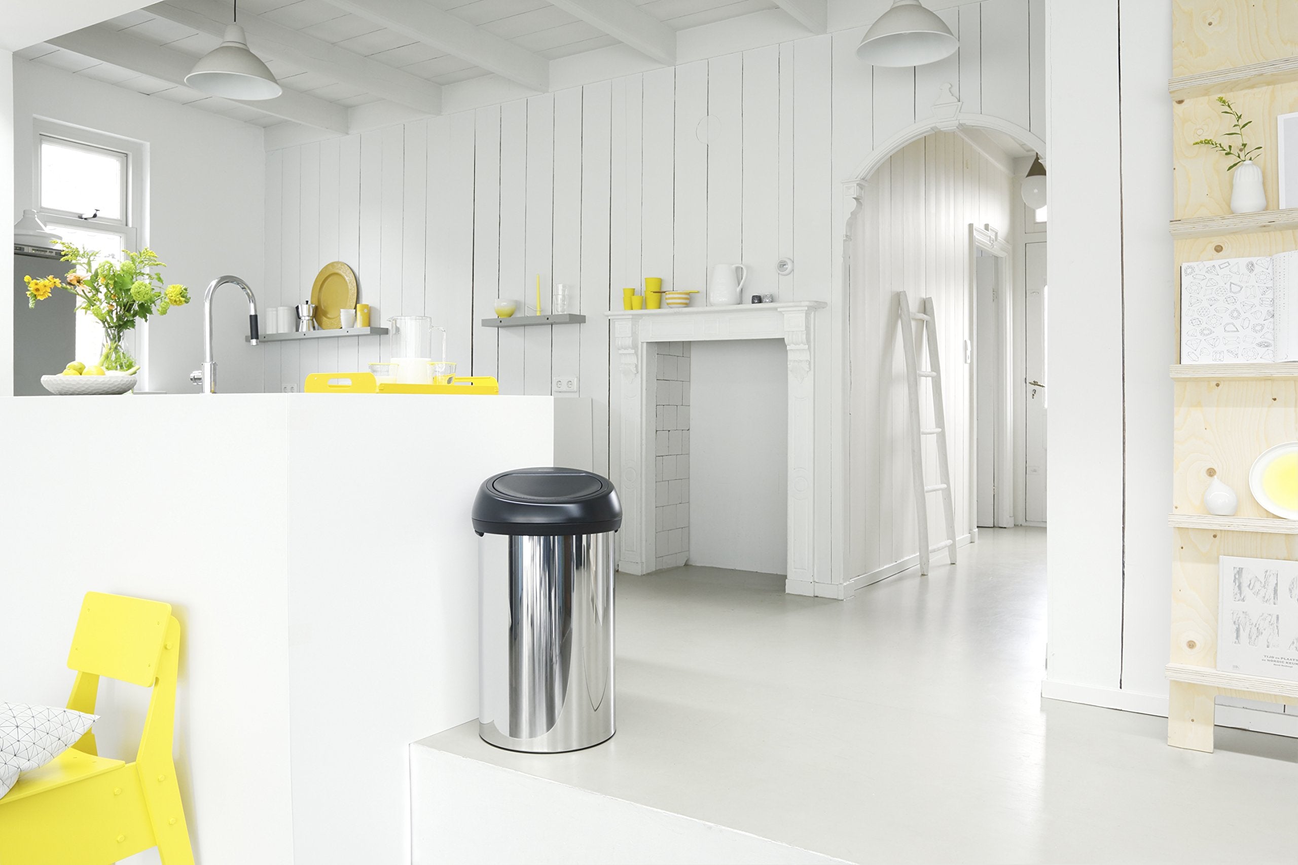 Brabantia 60 Litre Large Kitchen Touch Bin (Brilliant Steel/Matt Black Lid) Removable Lid, Soft-Touch Open, Easy Clean Rubbish Food Waste Bin