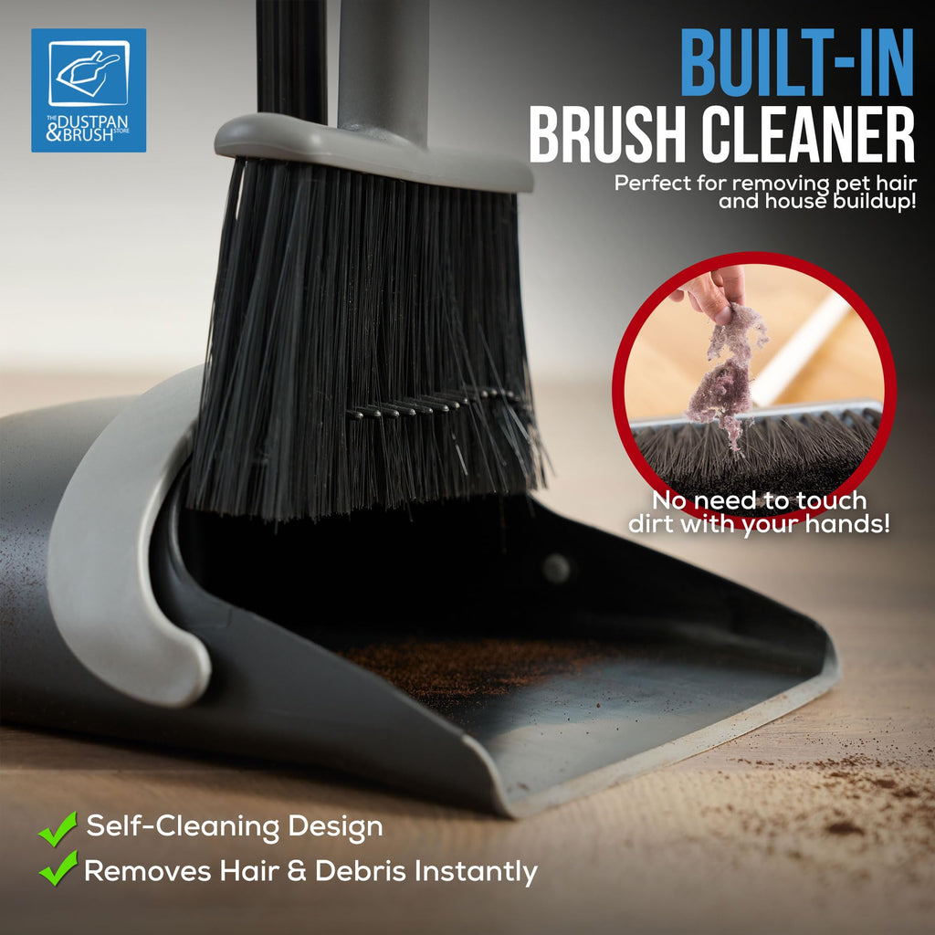 Long Handled Dustpan and Brush Set with Built-In Teeth Comb - Indoor Broom and Dustpan Set for Sweeping Brush Indoor 180° Swivel Dust Pan (Black and Grey)