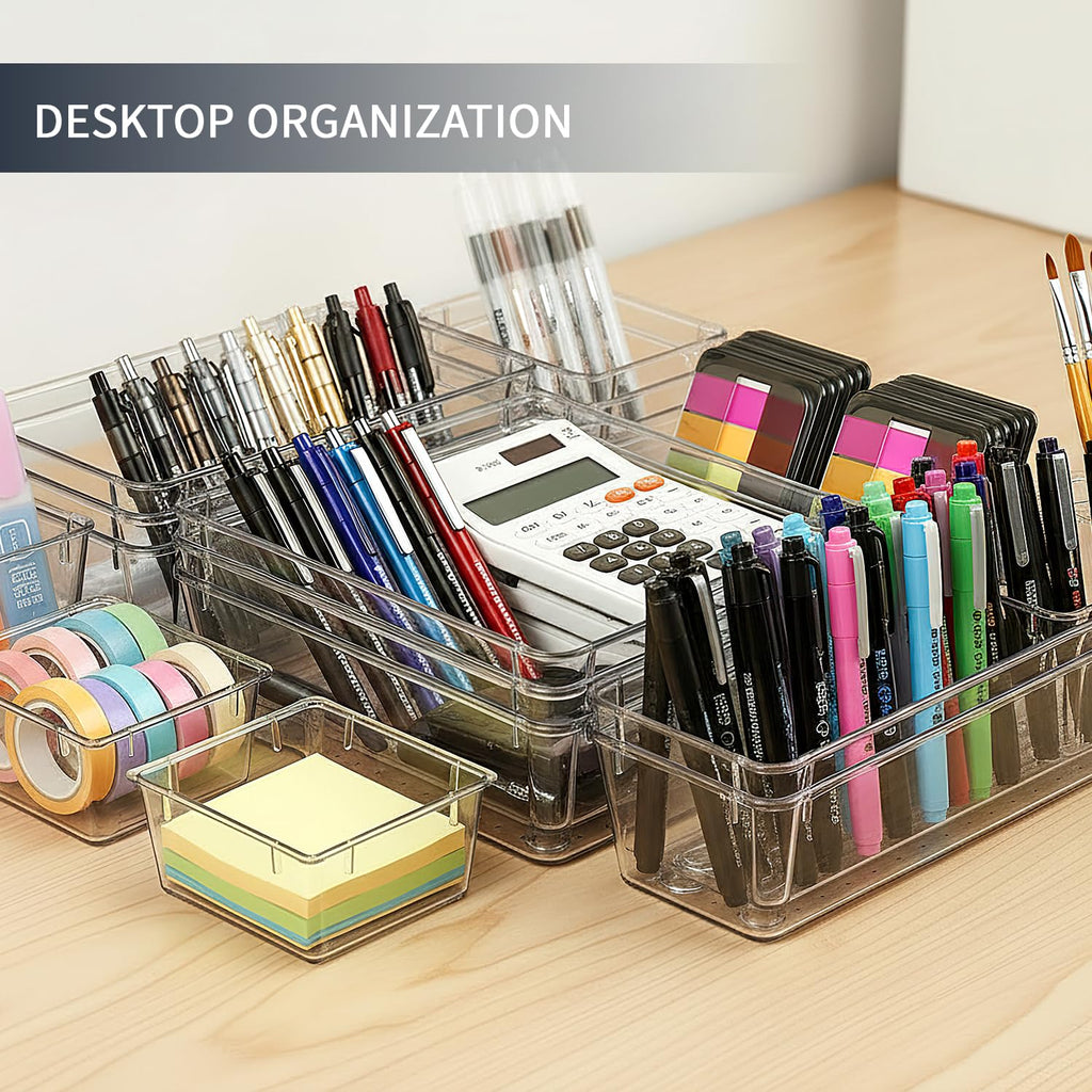 KITCHEN MONSTER 25 Pack Clear Drawer Organiser Set, 4 Size PET Storage Trays with Anti Slip Design, Stackable Drawer Dividers for Makeup, Bathroom, Kitchen and Office