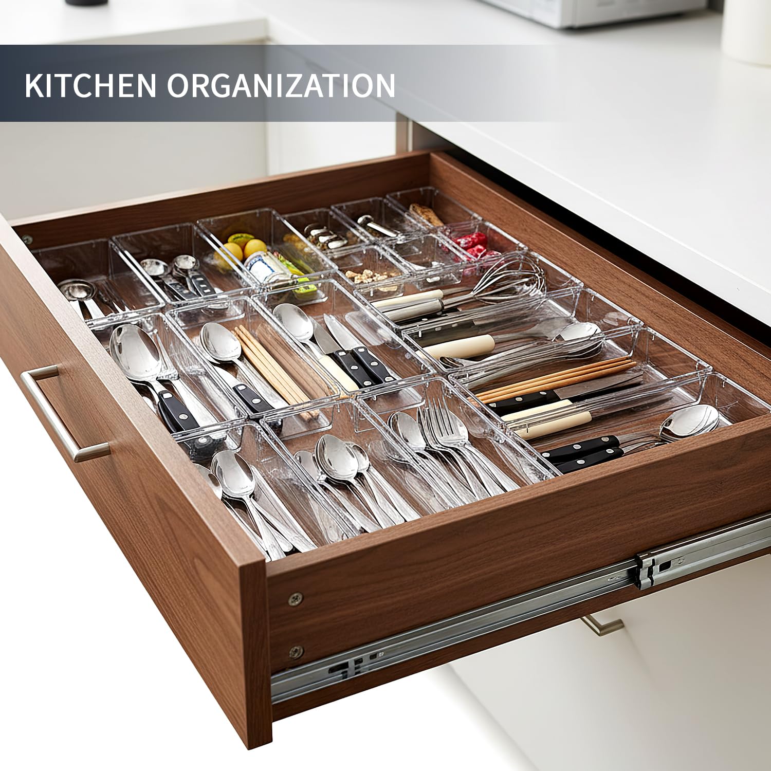 KITCHEN MONSTER 25 Pack Clear Drawer Organiser Set, 4 Size PET Storage Trays with Anti Slip Design, Stackable Drawer Dividers for Makeup, Bathroom, Kitchen and Office