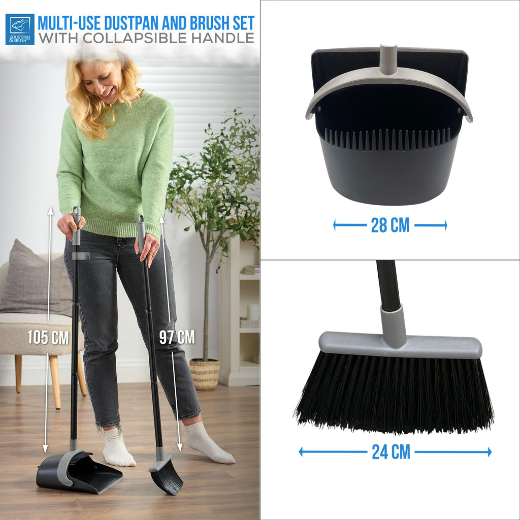 Long Handled Dustpan and Brush Set with Built-In Teeth Comb - Indoor Broom and Dustpan Set for Sweeping Brush Indoor 180° Swivel Dust Pan (Black and Grey)