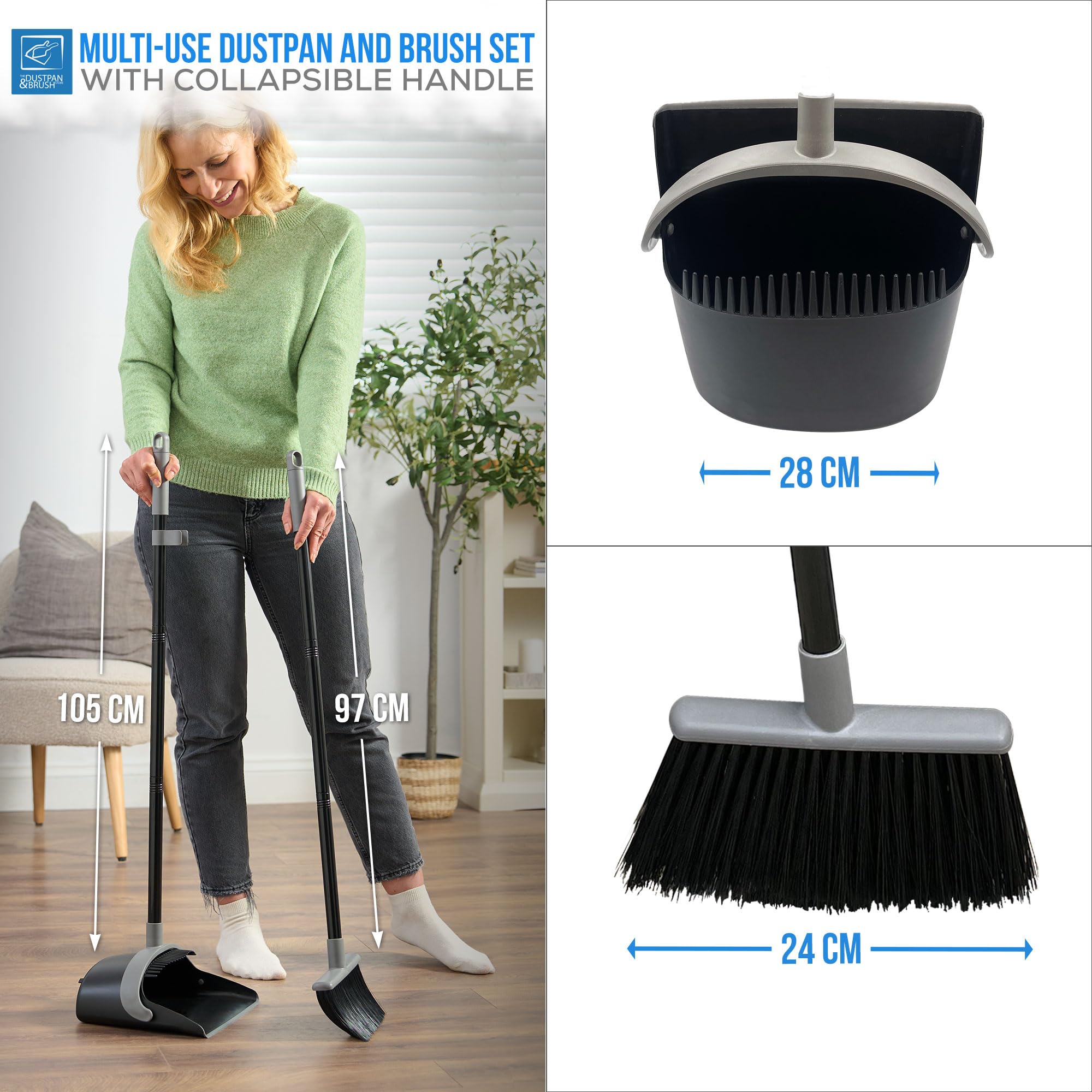 Long Handled Dustpan and Brush Set with Built-In Teeth Comb - Indoor Broom and Dustpan Set for Sweeping Brush Indoor 180° Swivel Dust Pan (Black and Grey)