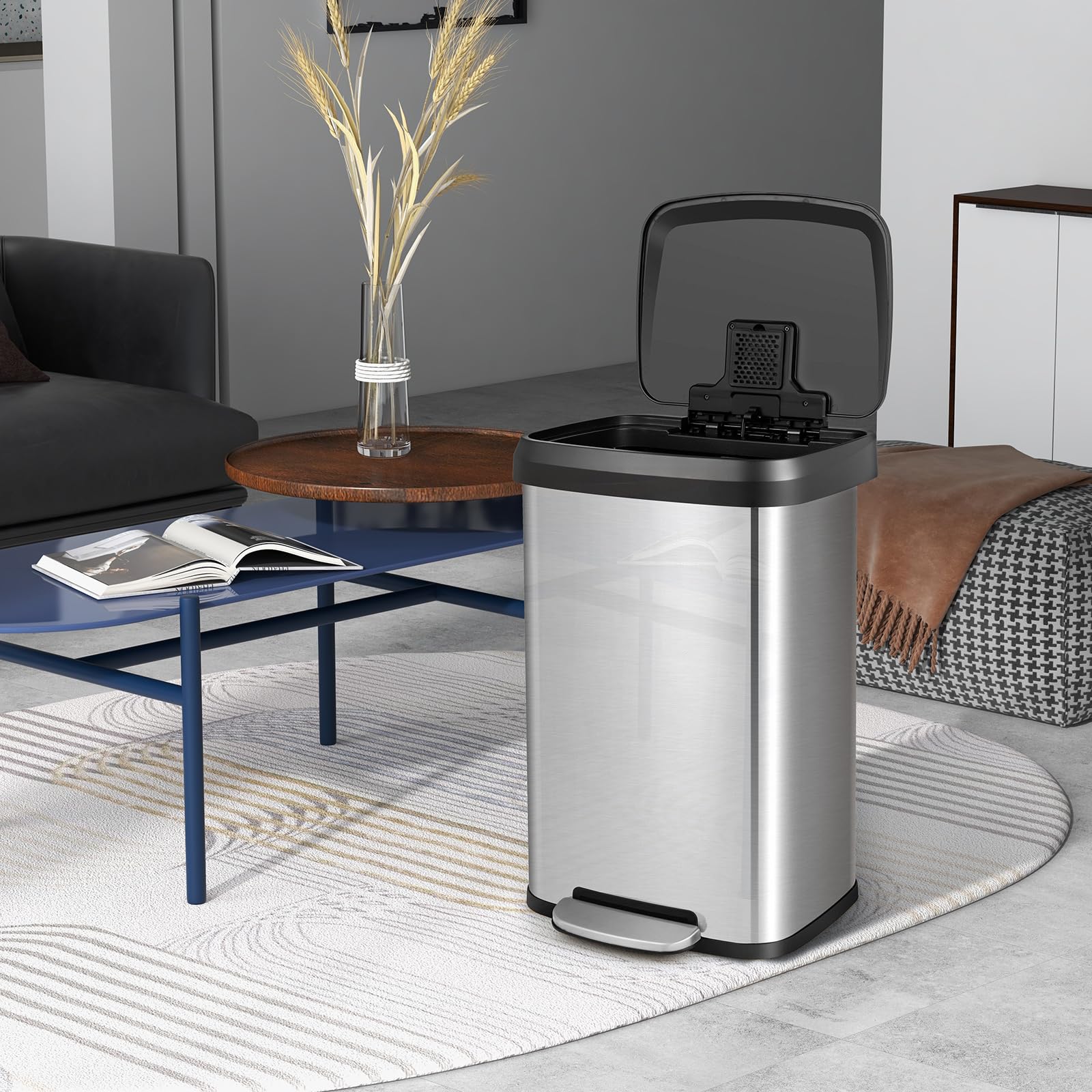 COSTWAY 50L/68L Kitchen Bin, Soft Closure Stainless Steel Recycling Pedal Bin with Deodorizer Box, Handle and Non-slip Base, Fingerprint-Proof Rubbish Trash Can Dustbin (50L,Silver)