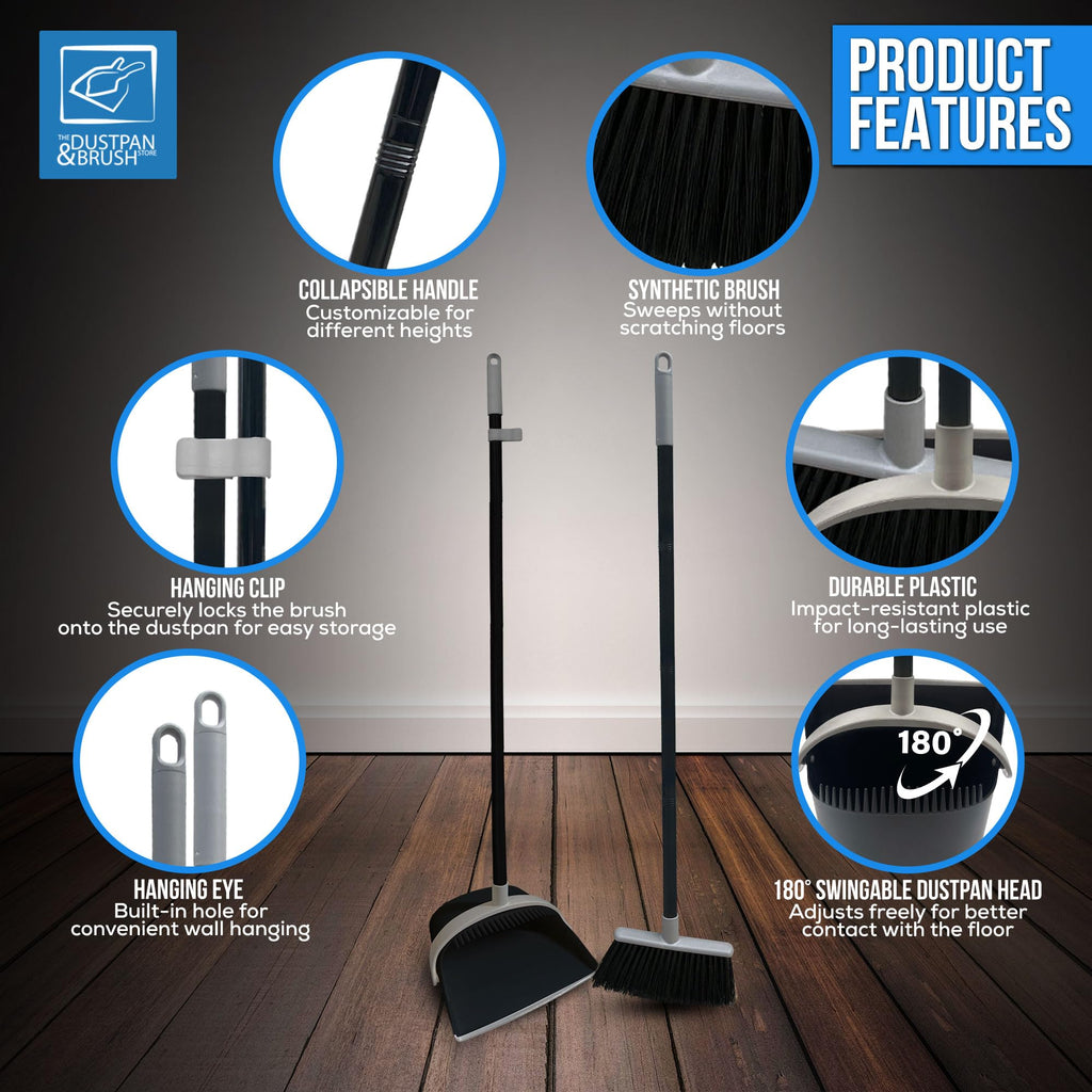 Long Handled Dustpan and Brush Set with Built-In Teeth Comb - Indoor Broom and Dustpan Set for Sweeping Brush Indoor 180° Swivel Dust Pan (Black and Grey)