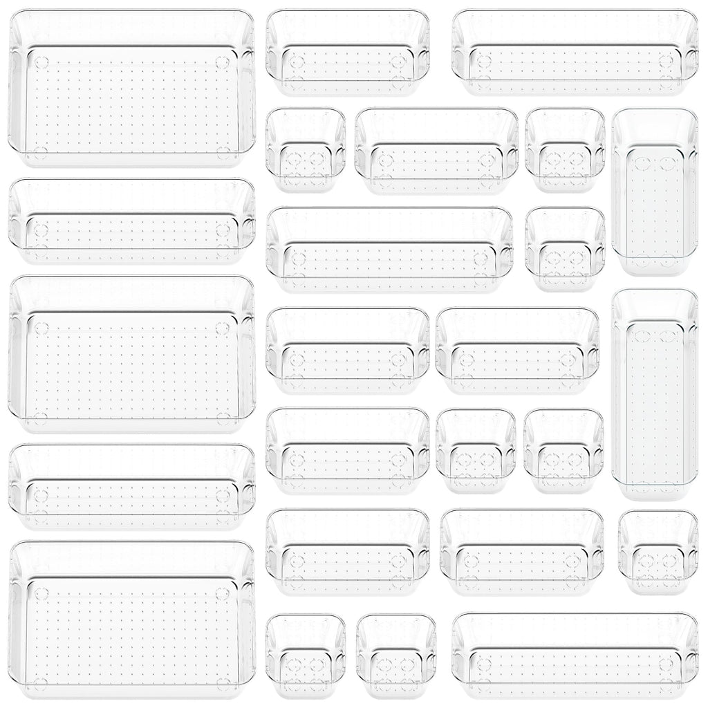 KITCHEN MONSTER 25 Pack Clear Drawer Organiser Set, 4 Size PET Storage Trays with Anti Slip Design, Stackable Drawer Dividers for Makeup, Bathroom, Kitchen and Office