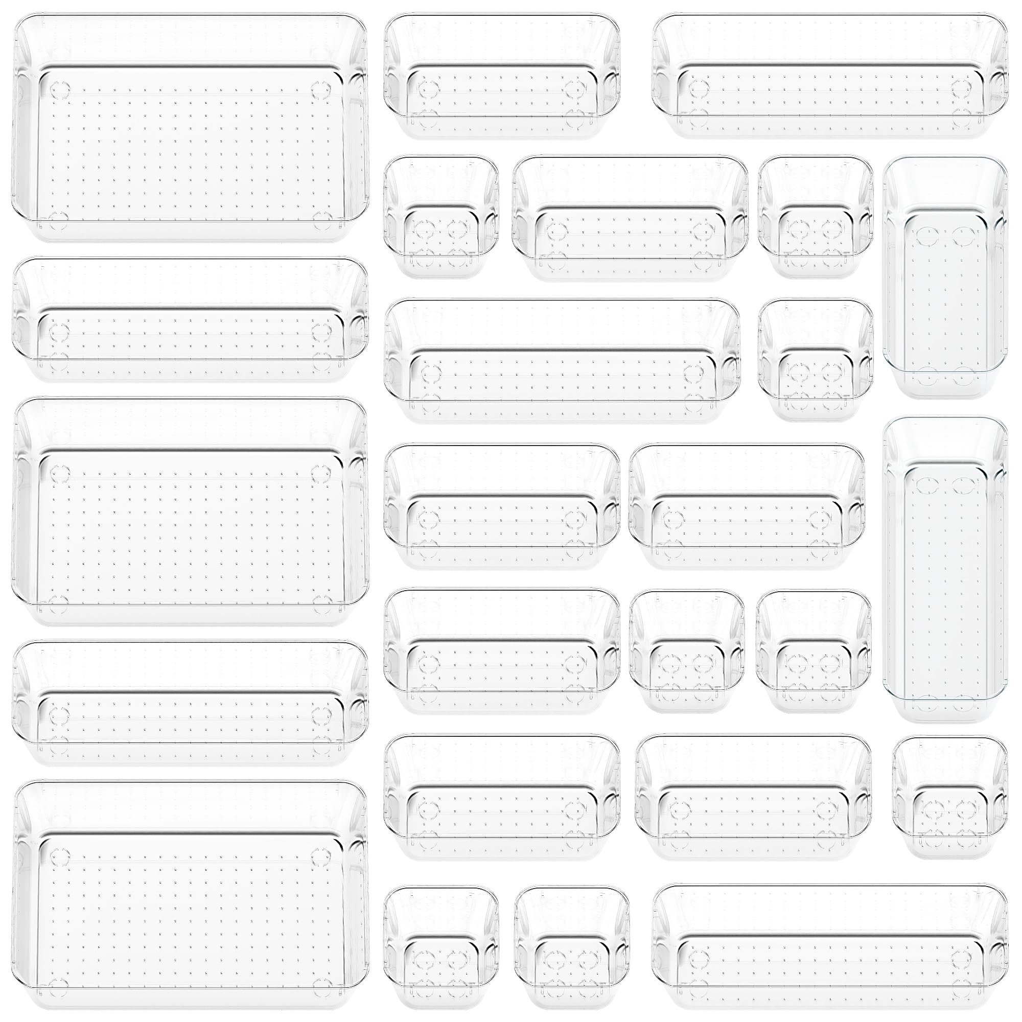 KITCHEN MONSTER 25 Pack Clear Drawer Organiser Set, 4 Size PET Storage Trays with Anti Slip Design, Stackable Drawer Dividers for Makeup, Bathroom, Kitchen and Office