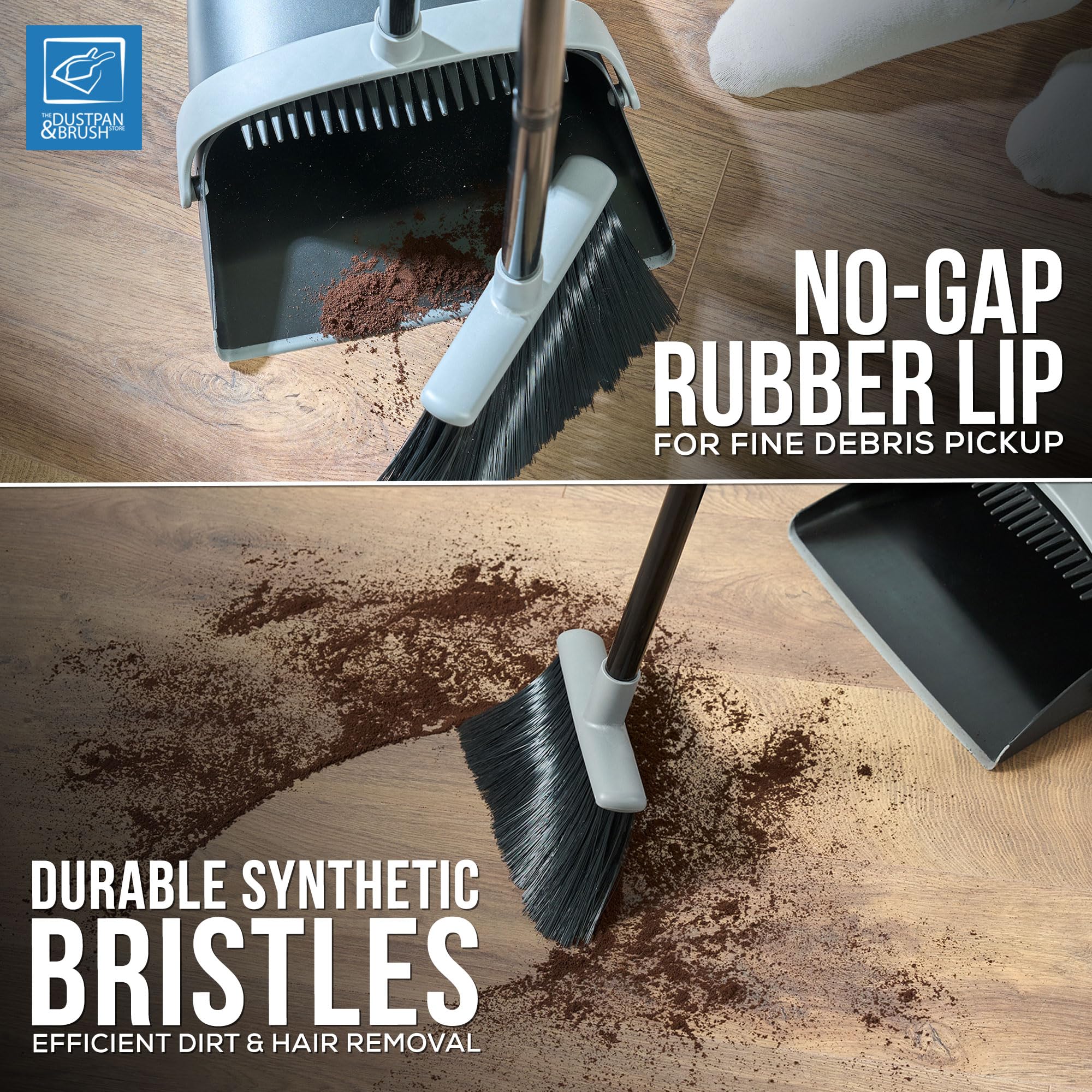 Long Handled Dustpan and Brush Set with Built-In Teeth Comb - Indoor Broom and Dustpan Set for Sweeping Brush Indoor 180° Swivel Dust Pan (Black and Grey)